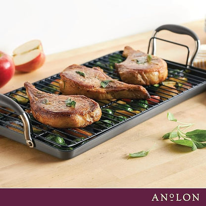 Anolon Advanced Home Hard Anodized Nonstick Double Burner Griddle with Roasting Rack, 10 Inch x 18 Inch, Moonstone