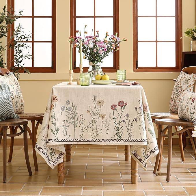 ISAENNE Designer Off White Linen Extra Long Rectangle Tablecloth,Floral Elegant Table Cloth,Stain Resistant Vintage Decor Tablecloths for Dining Thanksgiving Kitchen Party,63"*110"-Serenity G