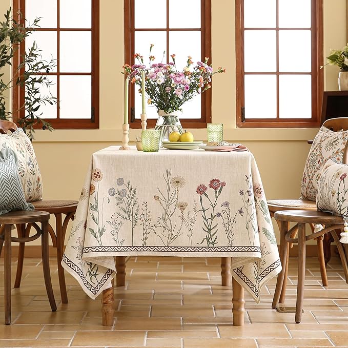 ISAENNE Designer Off White Linen Small Rectangle Tablecloth,Floral Elegant Table Cloth,Stain Resistant Vintage Decor Tablecloths for Dining Thanksgiving Kitchen Christmas,55"*71"-Serenity G