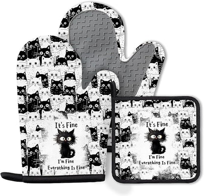 Black Cat Oven Mitts and Pot Holders Sets 3PCS, Cat Silicone Heat Resistant by Unknown