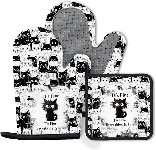 Black Cat Oven Mitts and Pot Holders Sets 3PCS, Cat Silicone Heat Resistant by Unknown