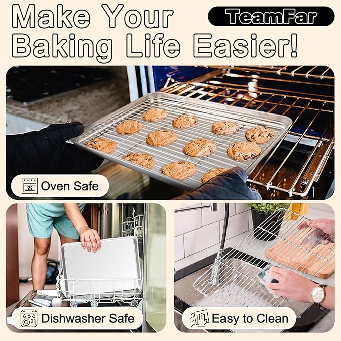 TeamFar Baking Sheet with Rack Set, 19.6/16/12.5 Inch Stainless Steel Cookie - Image 5