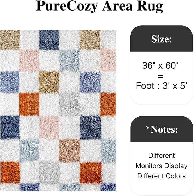 PureCozy Checkered Rug 3x5 for Living Room, Modern Rainbow Shag Rug Super Soft - Image 3