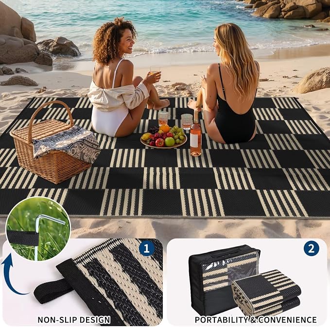 Garvee Waterproof Outdoor Rug 5x8, Checkered Foldable Plastic Straw Patio - Image 2