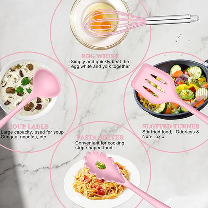 E-far Pink Silicone Cooking Utensils Set, 10-Piece Kitchen Utensil Set - Image 3