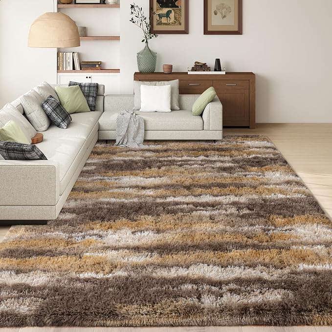 Shag Rugs for Living Room 6x9, Ultra Soft Abstract Brown Big Fuzzy Rugs for by Ailyei