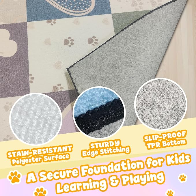 Preschool Classroom Rug 4x6, Paw Print Low Pile Kids Area Rug - Image 3