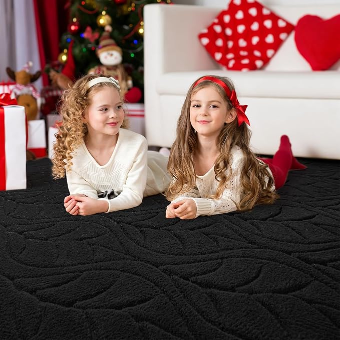 4x6 Black Washable Area Rug for Bedroom, Leaf Geometric Patter Shag Non-Slip - Image 3