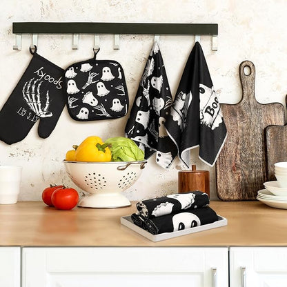 Leinuosen 8 Pcs Skull Kitchen Decor Set Kitchen Towels Gothic Oven Mitts and - Image 5
