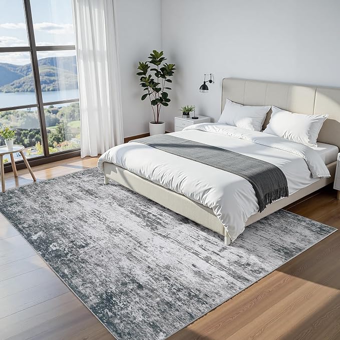 Area Rug 6x9 Living Room Rug Washable: No-Slip Abstract Soft Thin Large Gray - Image 3