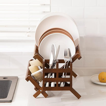 HBlife Dish Rack, Teak Folding 2-Tier Collapsible Drainer Dish Drying Rack - Image 6