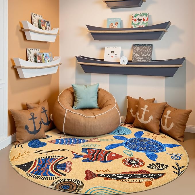 jinchan 5ft Coastal Round Rug Kids Washable Fun Rug Colorful Ocean Fish Floor - Image 9