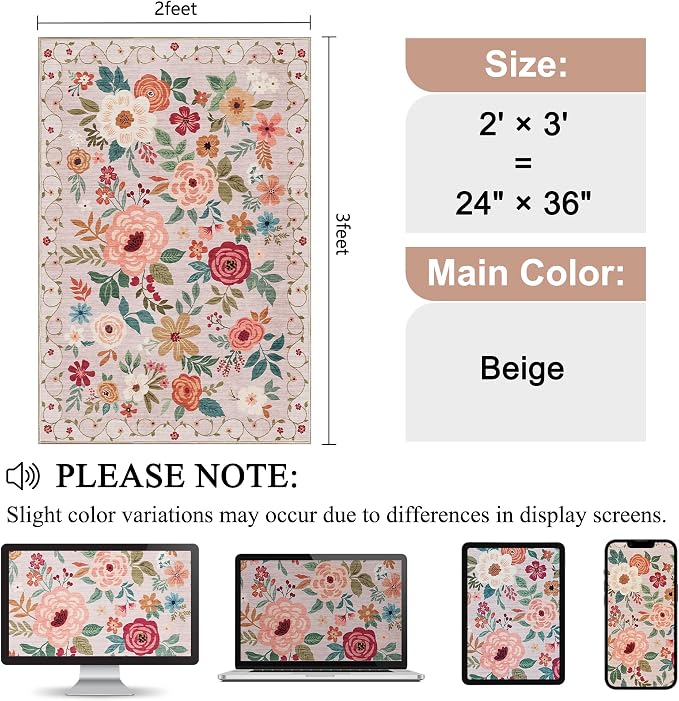 DUKINO 2x3 Rugs for Entryway, Floral Indoor Washable Door Mat, Non Slip Boho - Image 2
