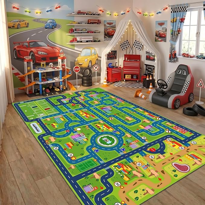 yongjoy Car Rug Road Map Area Rug, Colorful Car-Themed Design, Soft Low-Pile - Image 3