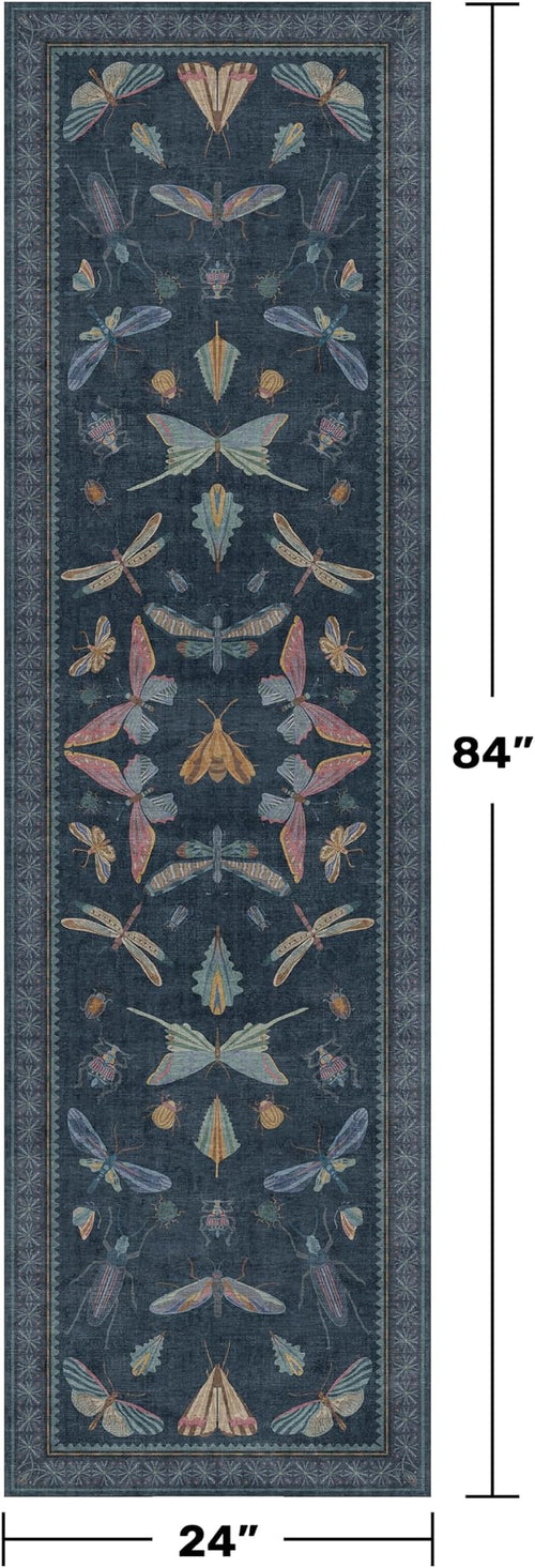 2x7 Navy Blue Bathroom Runner Rug, Washable Vintage Insect Carpet - Image 2