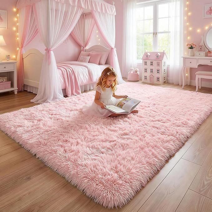 Light Pink Area Rugs for Bedroom Girls, Living Room Decor, Fluffy Fuzzy Plush - Image 7