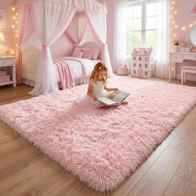 Amdrebio Pink Area Rug 6x9 for Girls Bedroom, Large Shag Fluffy Rugs for Living - Image 3