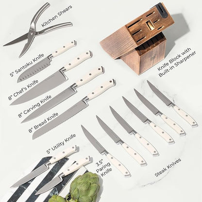 White Knife Set with Block – 14-Piece Forged Stainless Steel Knives with Triple - Image 5