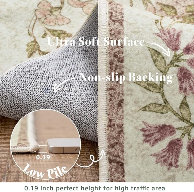 jinchan Zenith Round Rug 6ft Area Rug Soft 6'Round Vintage Floral Rug Non-Slip - Image 7