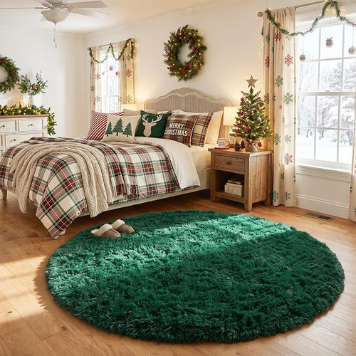 Amdrebio Dark Green Fluffy Round Rugs 5Ft by Amdrebio