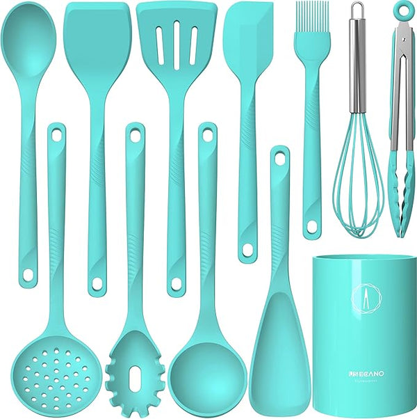 Silicone Kitchen Utensils Set 600°F Heat Resistant, BPA Free (Teal)