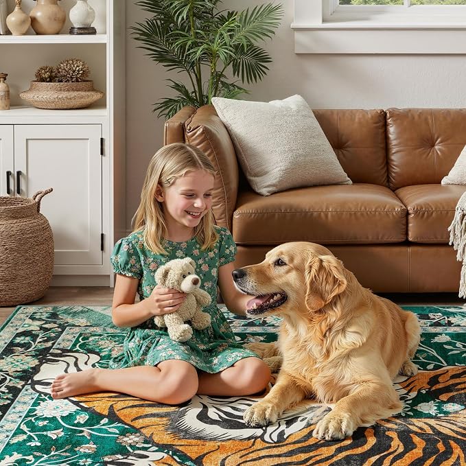DCX Washable 5x7 Tiger Area Rug, Soft Low Pile Carpet, Kid & Pet Friendly - Image 3