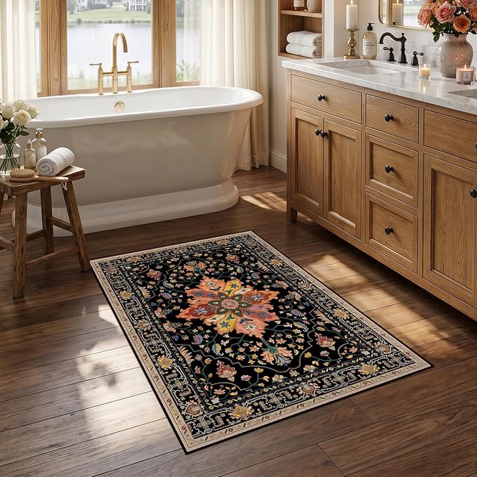 RELEANY Area Rugs Small 2'6"x4' Washable Non-Slip, Floral Vintage Distress by RELEANY