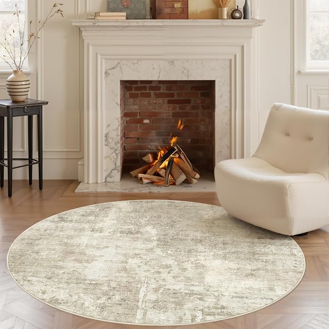Soalmost 6x6 Beige Gray Round Rug 6ft Living Room Circle Rug Vintage Round Area - Image 2