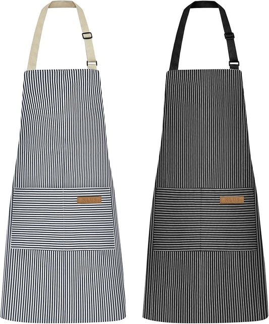 NLUS 2 Pcs Kitchen Cooking Aprons, Poly/Cotton Blend Adjustable Soft Bib Stripe by NLUS