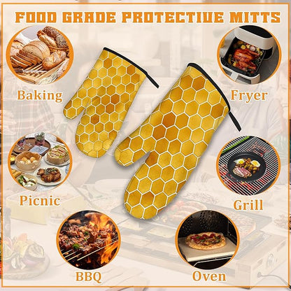 Honeycomb Oven Mitts and Pot Holders Set, Bee Kitchen Decor Heat Resistant Non - Image 5
