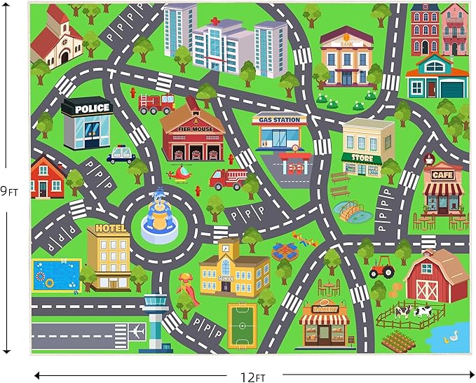 Kids Room Rug - Soft & Non-Slip 9x12 Ft Town Car Rug City Map Play Mat - Image 2