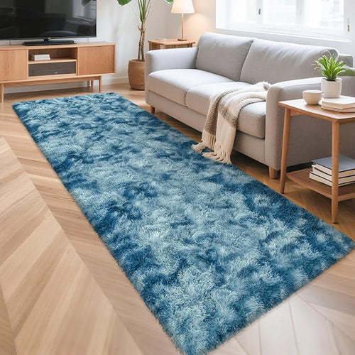 3x10ft Plush High Pile Blue Tie-Dyed Rug Fluffy Soft Runner Bedside Rug - Image 2