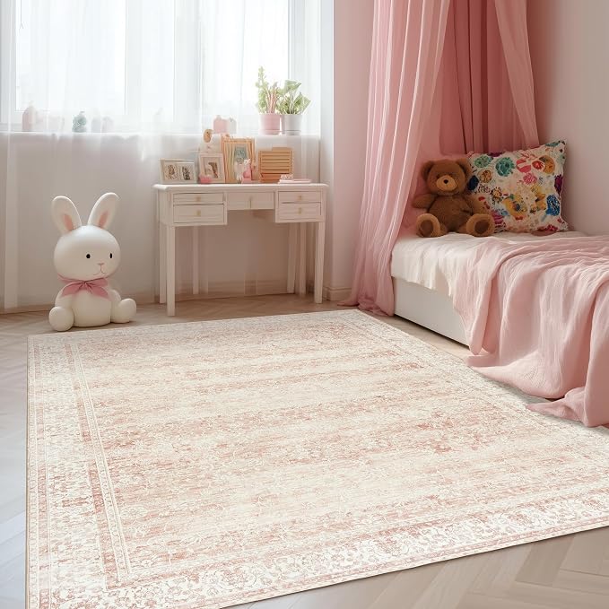 BILEEHOME Vintage Pink Rug 4x6 Washable Non Slip Floral Aesthetic Indoor Rugs - Image 7
