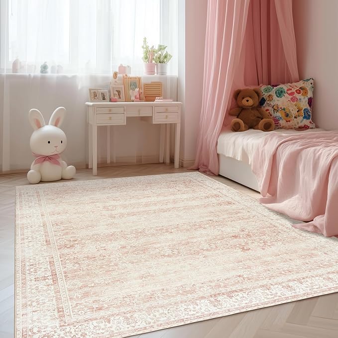 Light Pink Bedroom Rugs 6x9 Vintage Distressed Aesthetic Cute Boho Floral - Image 2