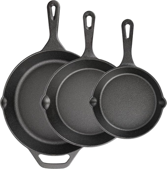 Cast Iron Skillet 3-Piece Set, Heavy-Duty Pre-Seasoned Pan Cookware Set by isheTao