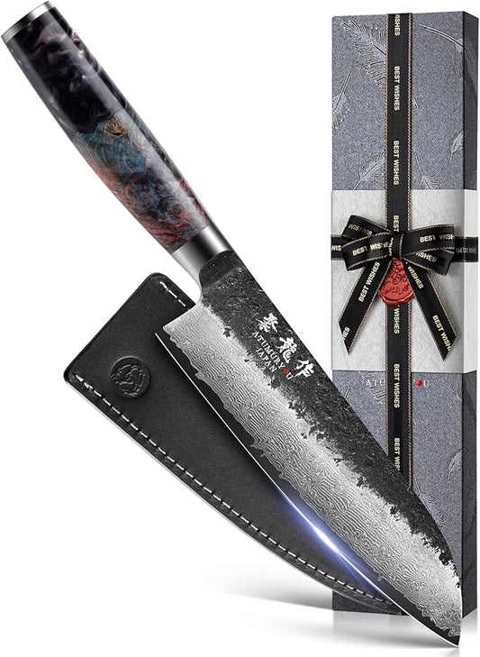 Japanese Santoku Knife 7 Inch, Hand Forged 67 Layers Damascus VG10 Steel Core by Atumuryou