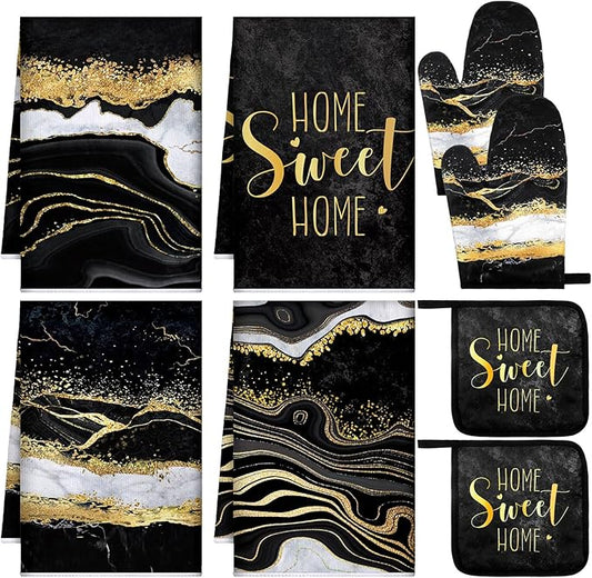 Leinuosen 8 Pcs Black Marble Kitchen Decor Dish Towels and Oven Mitts Sets Pot by Leinuosen