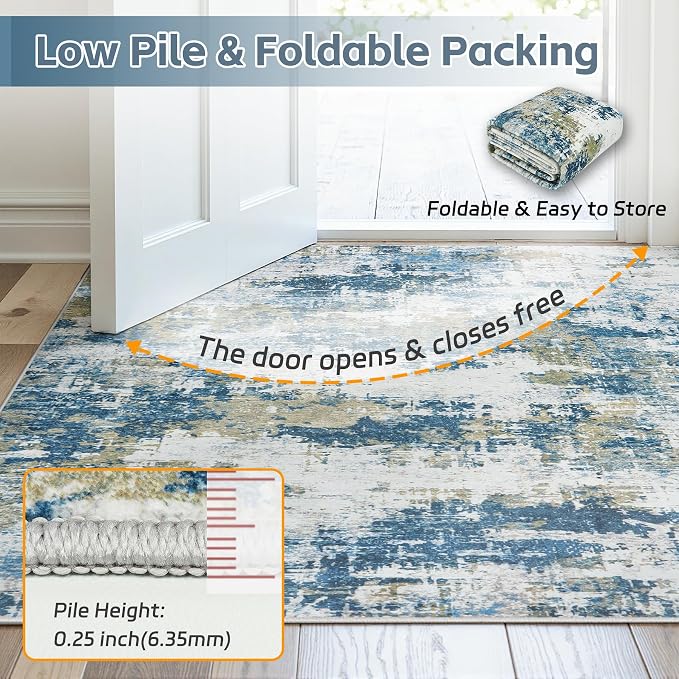 5x8 Area Rugs for Living Room Washable: Abstract Soft Thin Low Pile Blue Rug - Image 7