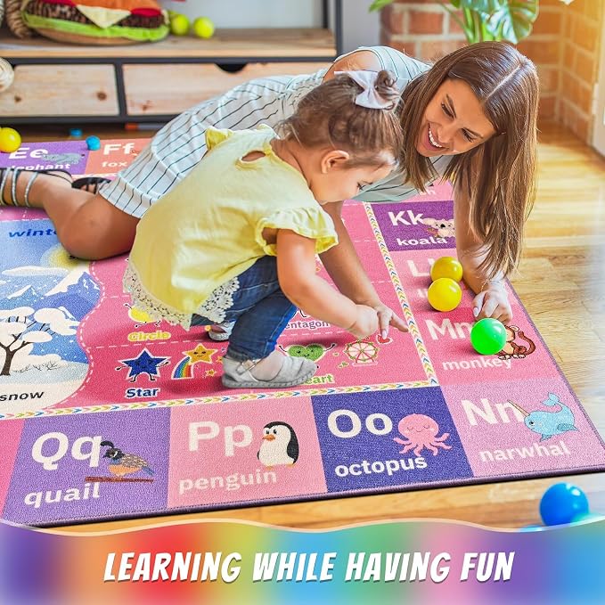 Macgace ABC Kids Rug for Playroom, 3x5 Pink Purple Washable Classroom Area Rugs - Image 2