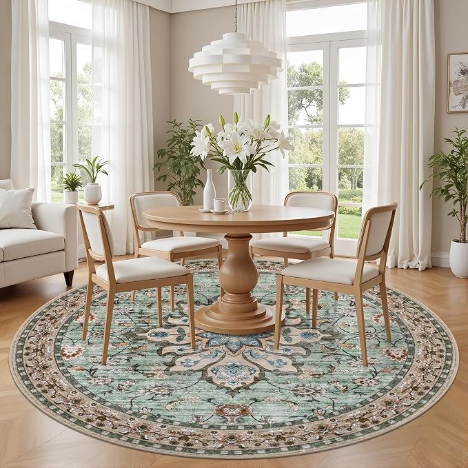 Round Area Rug for Living Room: 8 ft Washable Vintage Boho Soft Thin Circle Rug - Image 3