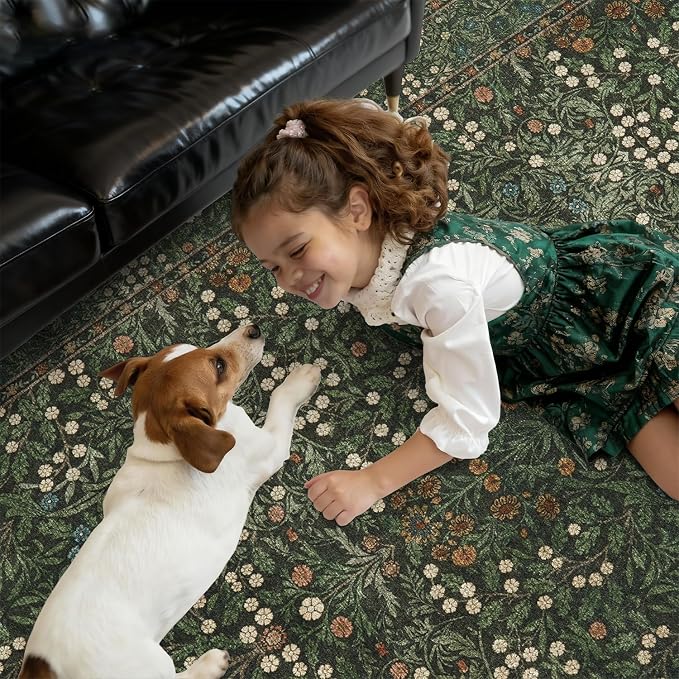 DCX Green 5x7 Area Rug, Machine Washable Non Slip Stain Resistant Soft Vintage - Image 8