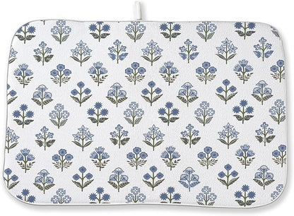 Blue Green Dish Drying Mat 18x24 Inch Vintage Block Print Floral Drying Mat by DAFENA