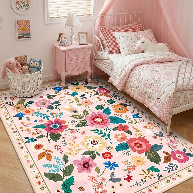 RELEANY Floral 4x6 Area Rugs Washable Print Boho Cute Carpet Non Slip Flower by RELEANY
