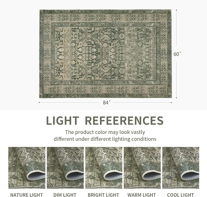 Vintage Washable Area Rug for Living Room, Low Pile 8x10 Non Slip Carpet - Image 2