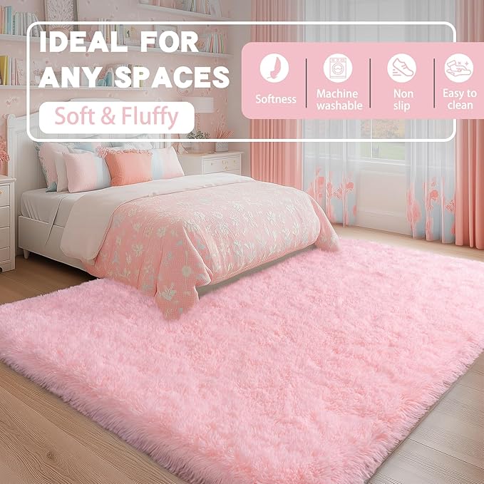 Pink Rugs for Bedroom Girls, 4x6 Fluffy Area Rug for Living Room, Soft Shag - Image 3