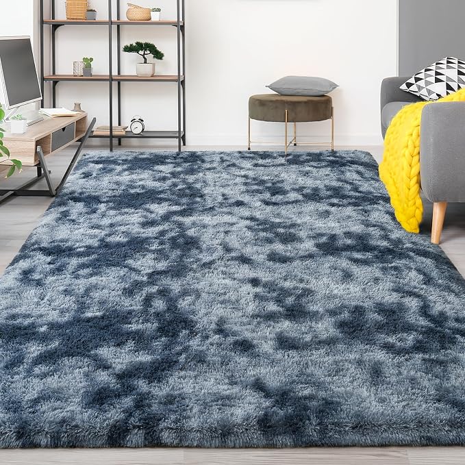 FlyDOIT Large Area Rugs for Living Room, 5x8 Feet Tie-Dyed Blue Grey Shaggy Rug - Image 9