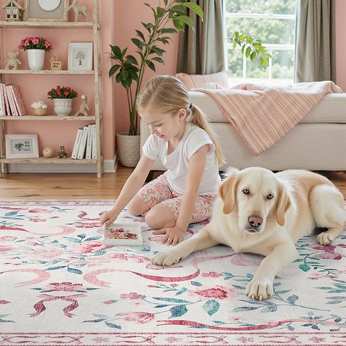 DCX Washable 9x12 Bow Rug, Cute Soft Low Pile Indoor Décor Carpet, Kid & Pet - Image 4