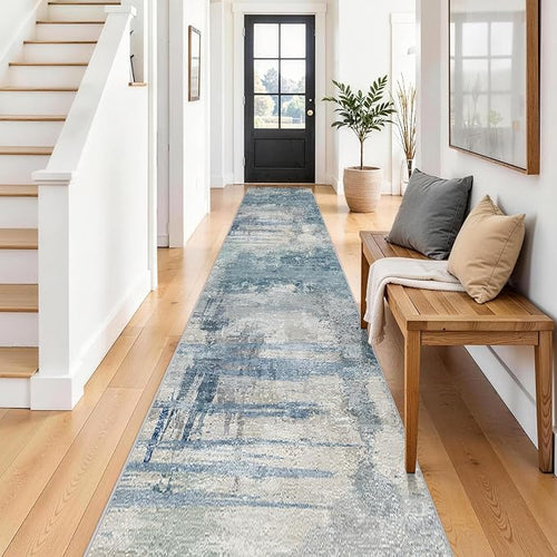 2.6x14 Extra Long Runner Rug Grey Abstract: Washable Non-Slip Carpet by BYYVOORugsforYourHome