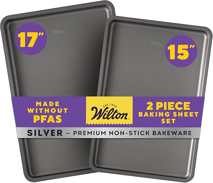 Wilton Silver 2- Piece Non-Stick Baking Sheet Set, Cold-Rolled Steel Bakeware by Wilton
