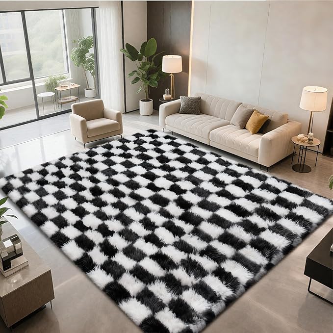 Checkered Area Rugs for Bedroom Living Room, 6x9 Black and White Fluffy Soft by Boshengya